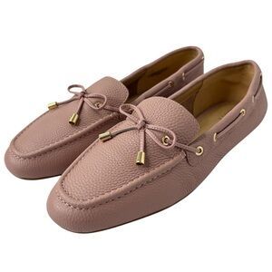 Talbots Blush Pink Leather Loafers Gold Tone Bow Sz 9.5 Driving Moccasin Preppy